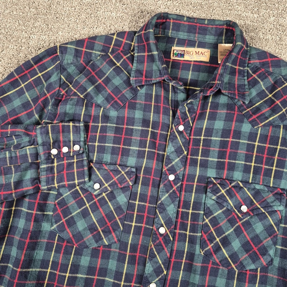 Vintage Big Mac Workwear Shirt Mens L Tall Plaid Flannel Pearl Snap Western 90s